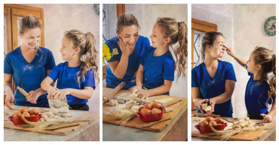 Foto spontanee scattate ad una madre con sua figlia mentre fanno il pane