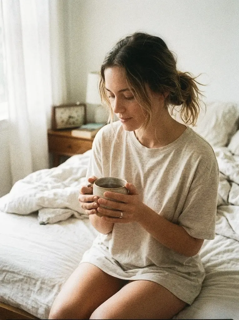 autoritratto di una donna seduta sul letto con tazza di te tra le mani