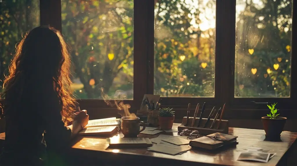 donna alla finestra scrive un diario utilizzando anche fotografie